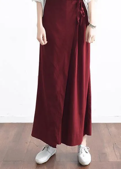 2019 autumn original design literary retro tie irregular wide leg casual burgundy pants