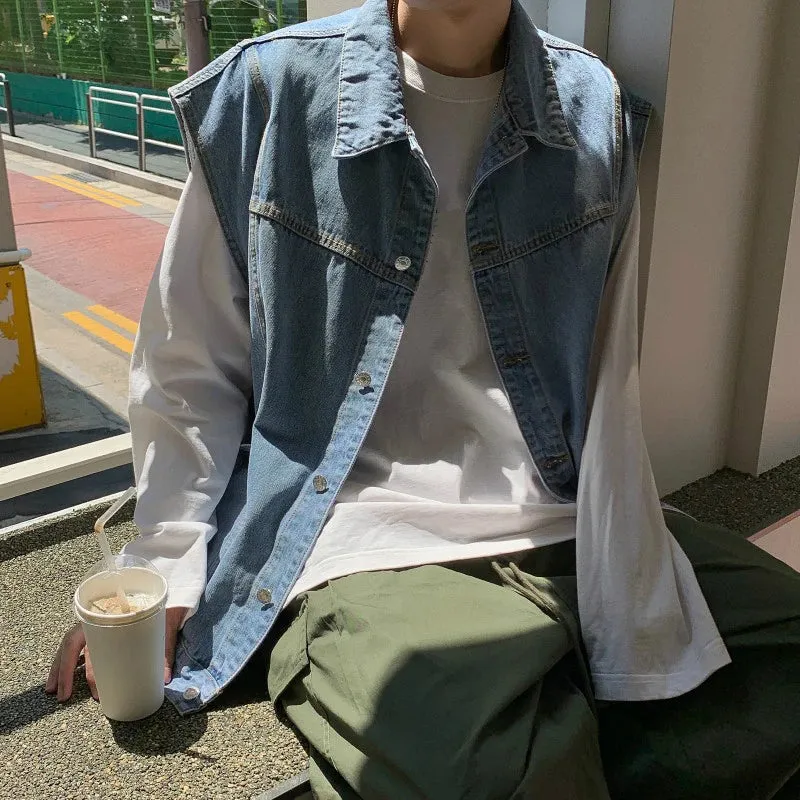 Aidase Spring New Arrival Denim Vests Men Loose Casual Sleeveless Jacket Boys Cotton Oversized Blue Jacket Vest Male Coat Streetwear