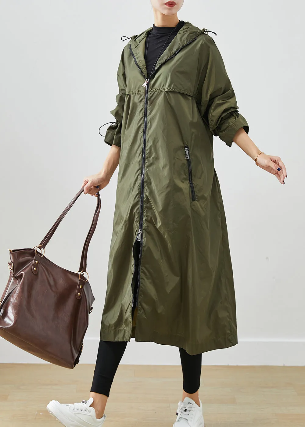 Army Green Spandex Trench Cinched Drawstring Fall ML2418