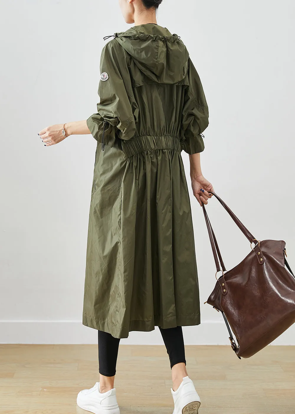 Army Green Spandex Trench Cinched Drawstring Fall ML2418