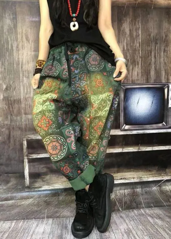 Autumn New Bohemian Green Print Denim Harlan Pants ML2594