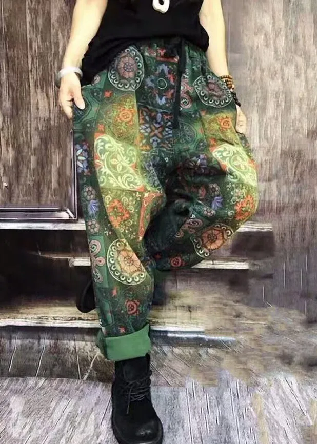 Autumn New Bohemian Green Print Denim Harlan Pants ML2594