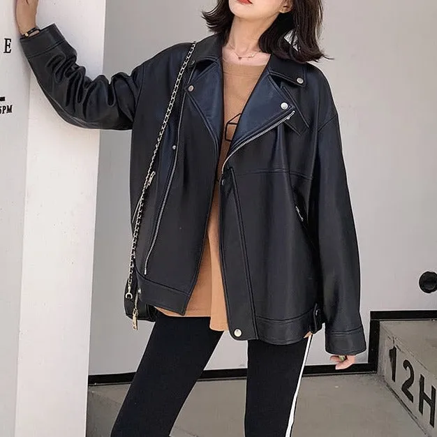 Autumn White Black Soft Pu Leather Jackets for Women Long Sleeve Zipper Jackets