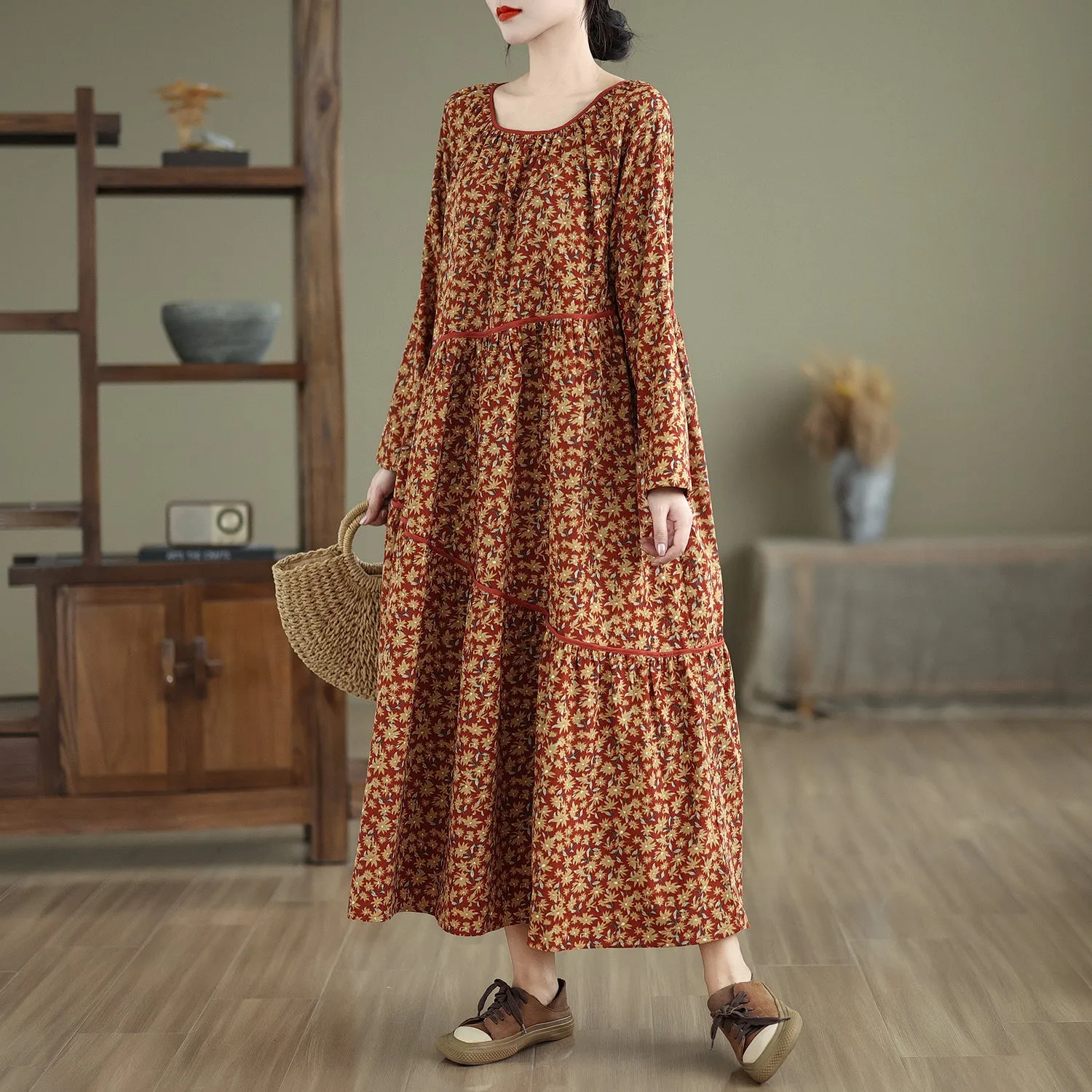 Babakud Women Autumn Retro Loose Cotton Corduroy Printed Dress