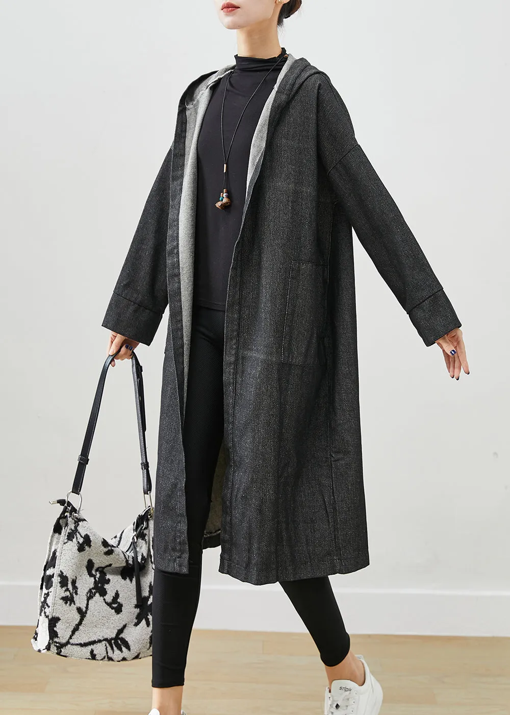 Black Oversized Denim Trench Coats Hooded Pockets Fall ML1931