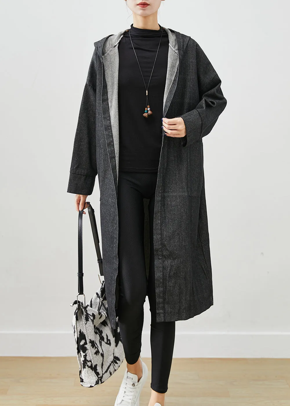 Black Oversized Denim Trench Coats Hooded Pockets Fall ML1931