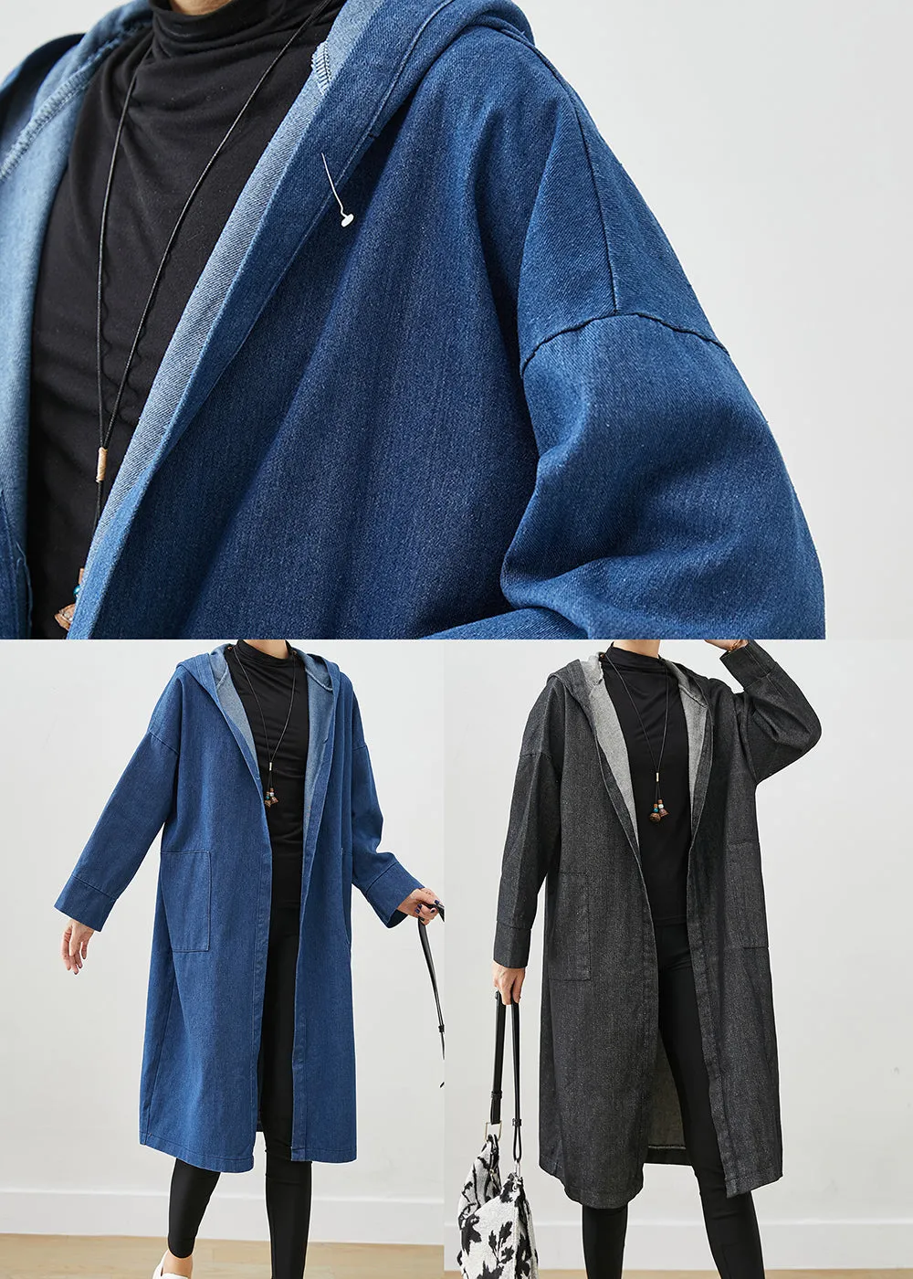 Black Oversized Denim Trench Coats Hooded Pockets Fall ML1931