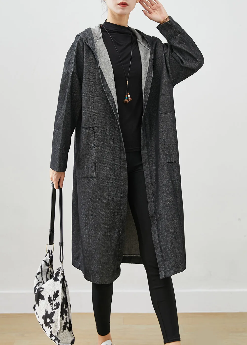 Black Oversized Denim Trench Coats Hooded Pockets Fall ML1931