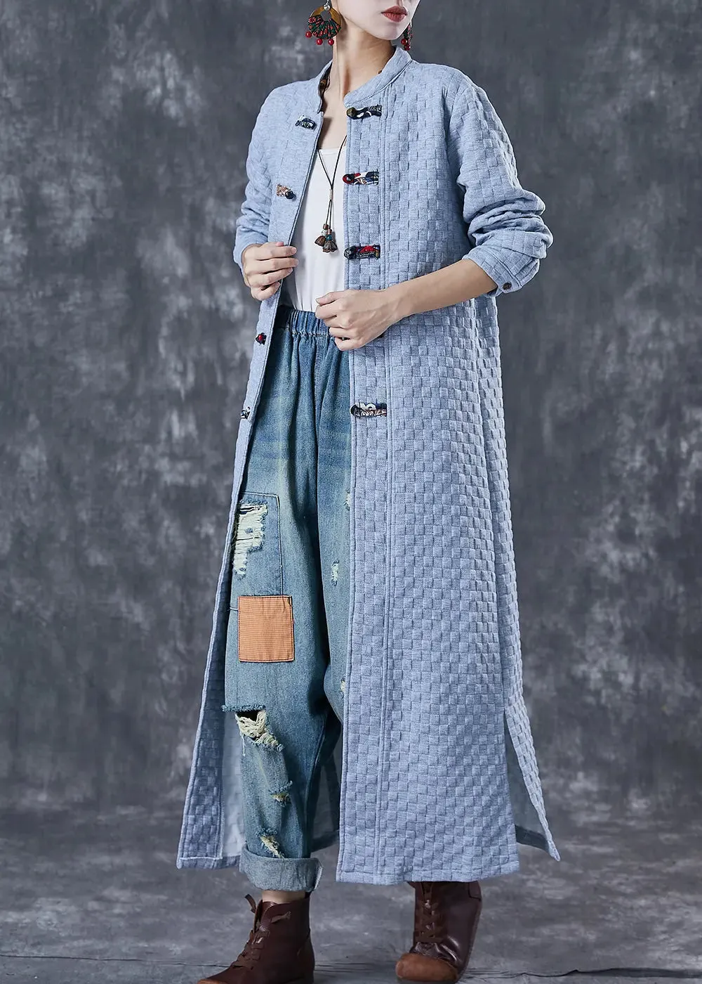 Blue Grey Chinese Button Cotton Trench Coats