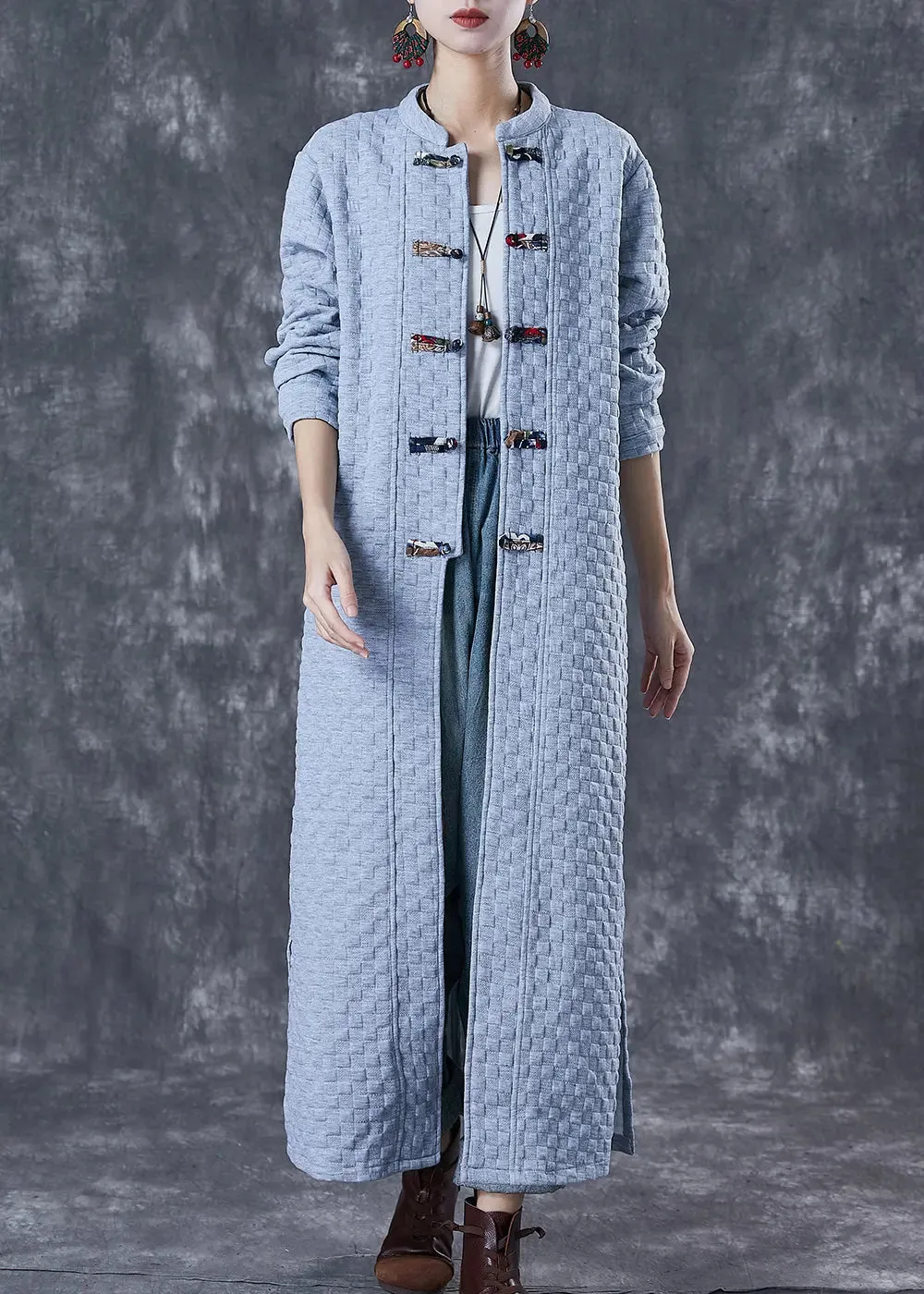 Blue Grey Chinese Button Cotton Trench Coats