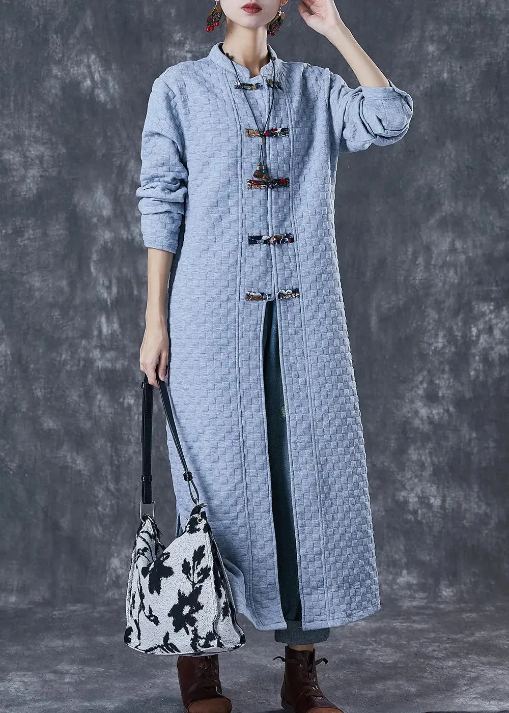 Blue Grey Chinese Button Cotton Trench Coats