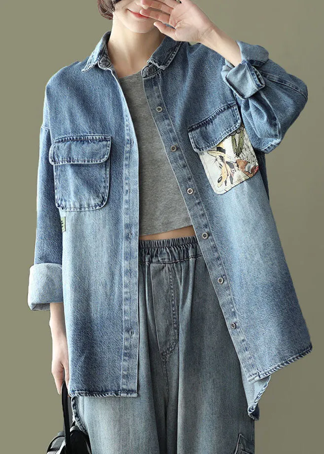 Blue Pockets Print Patchwork Denim Coats Peter Pan Collar