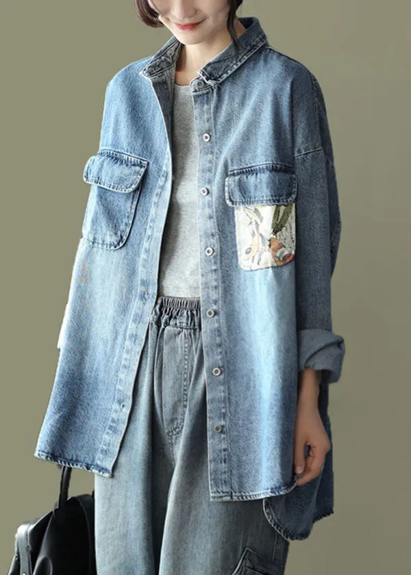 Blue Pockets Print Patchwork Denim Coats Peter Pan Collar