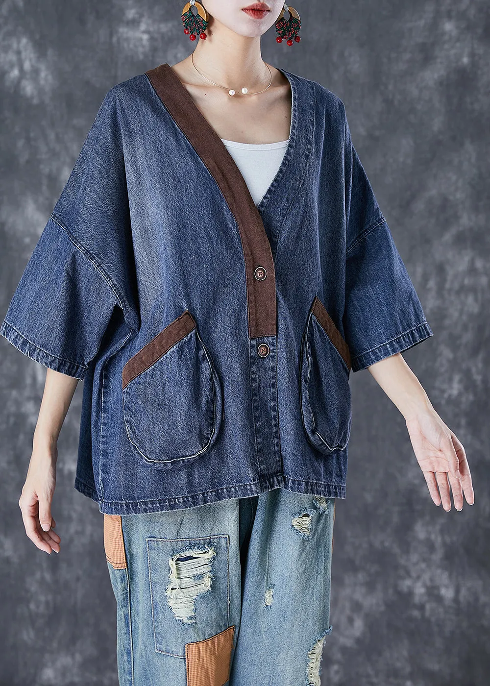 Blue V Neck Patchwork Pockets Denim Coats