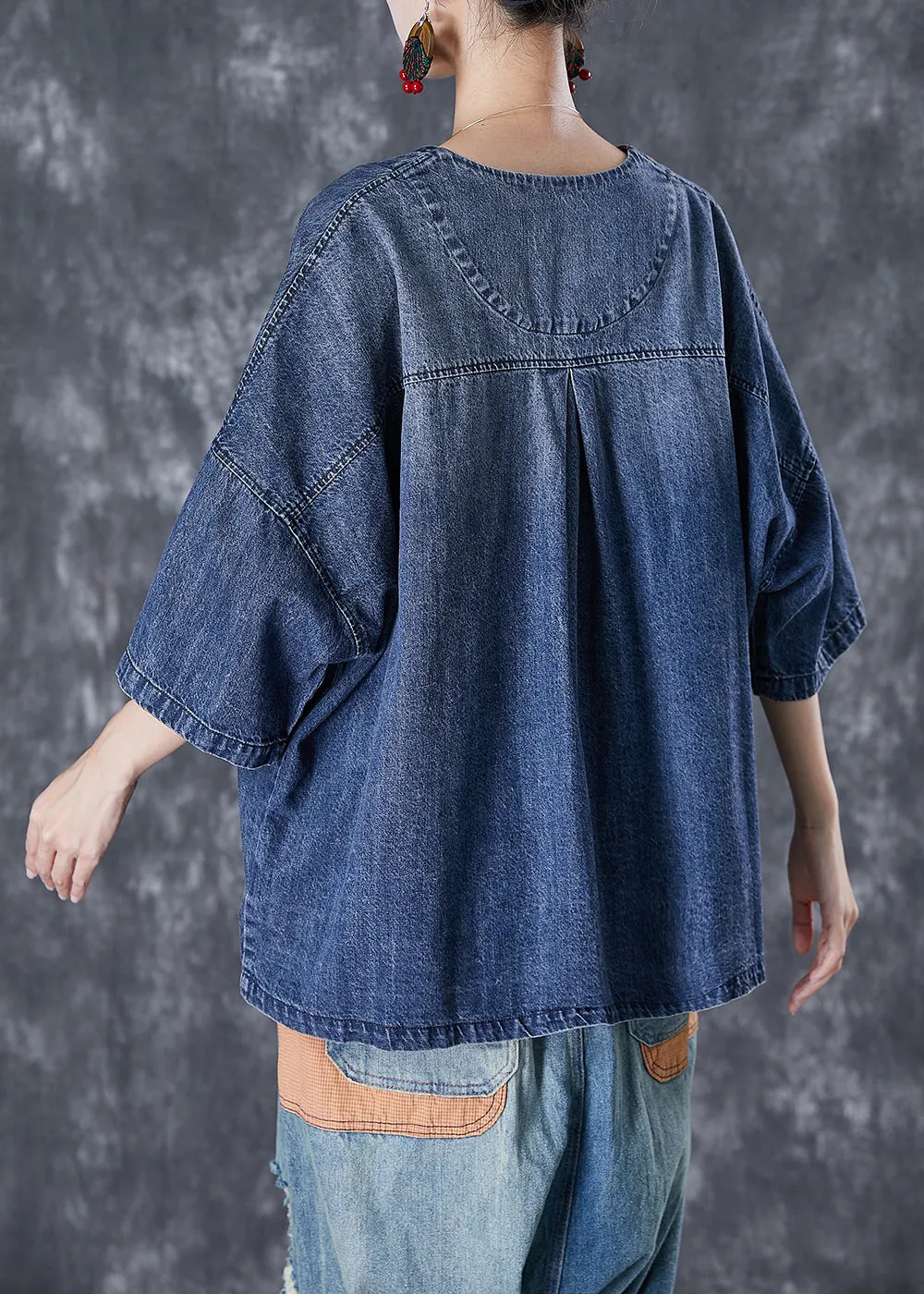 Blue V Neck Patchwork Pockets Denim Coats