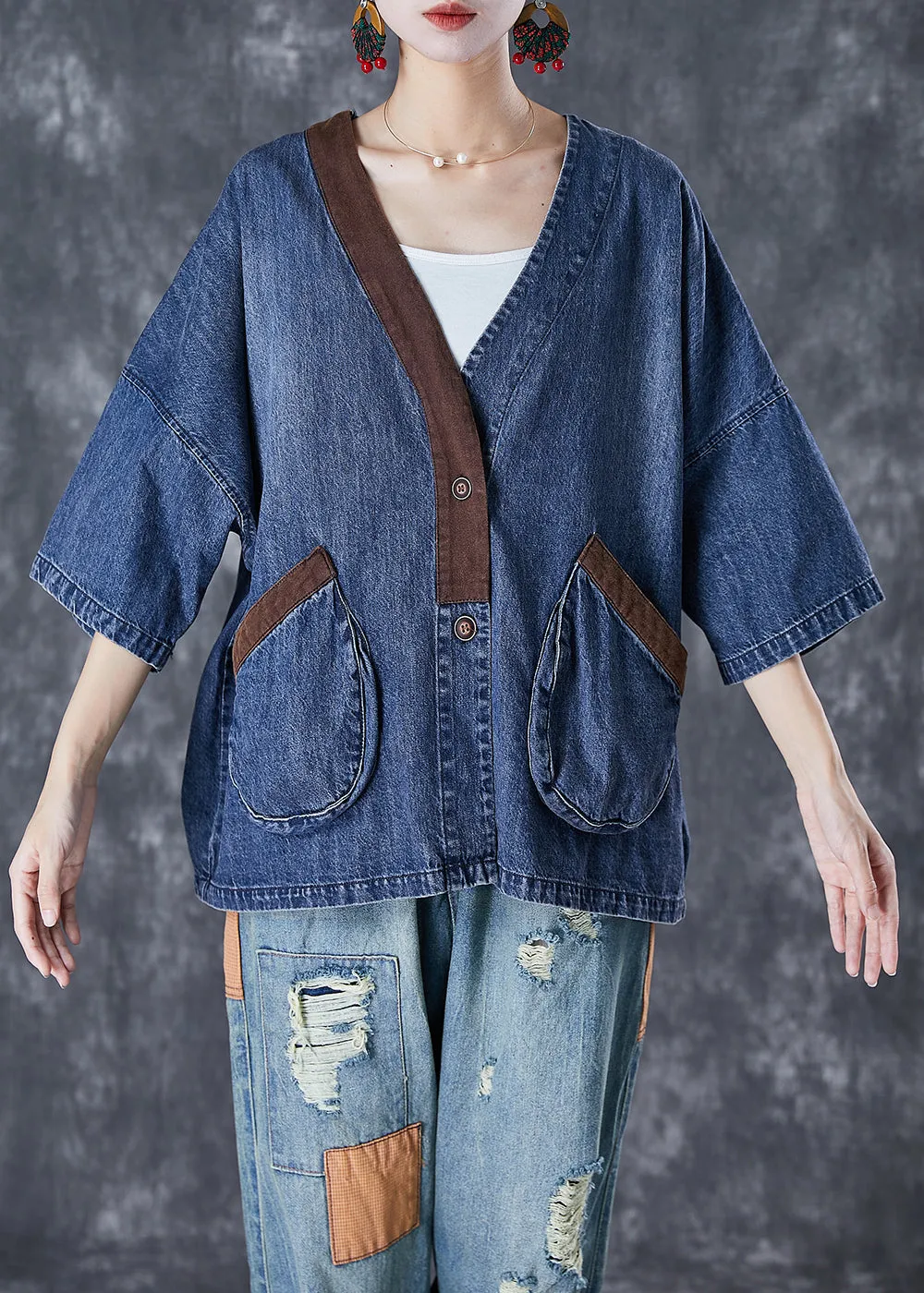 Blue V Neck Patchwork Pockets Denim Coats