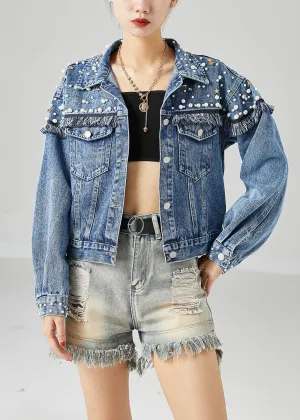 Boho Blue Oversized Patchwork Nail Bead Denim Coats