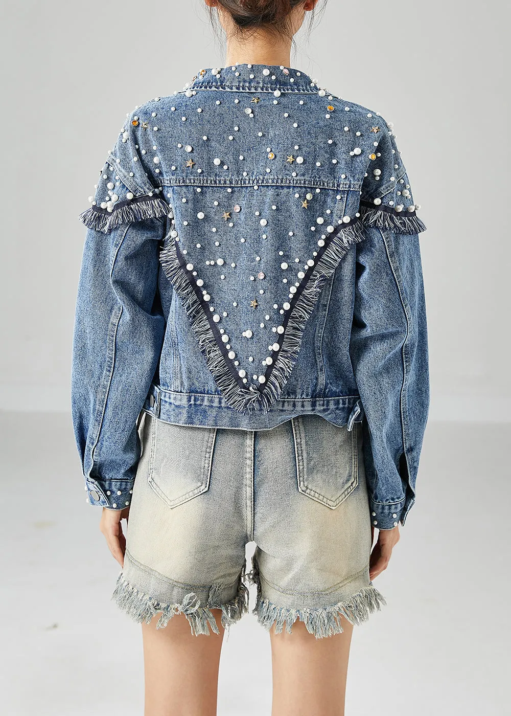 Boho Blue Oversized Patchwork Nail Bead Denim Coats