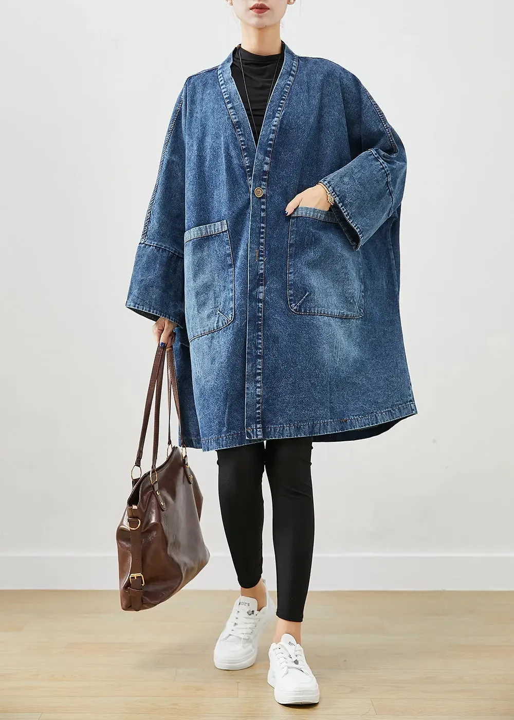 Boho Blue Oversized Pockets Denim Trench Coats Batwing Sleeve ML1239