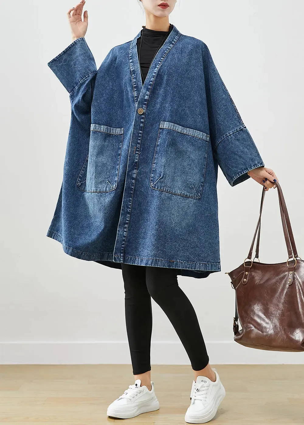 Boho Blue Oversized Pockets Denim Trench Coats Batwing Sleeve ML1239