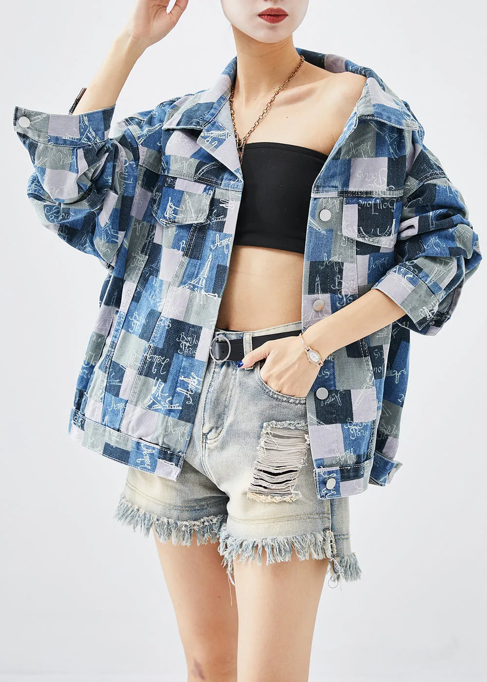 Casual Colorblock Oversized Plaid Denim Coats Fall ML2003