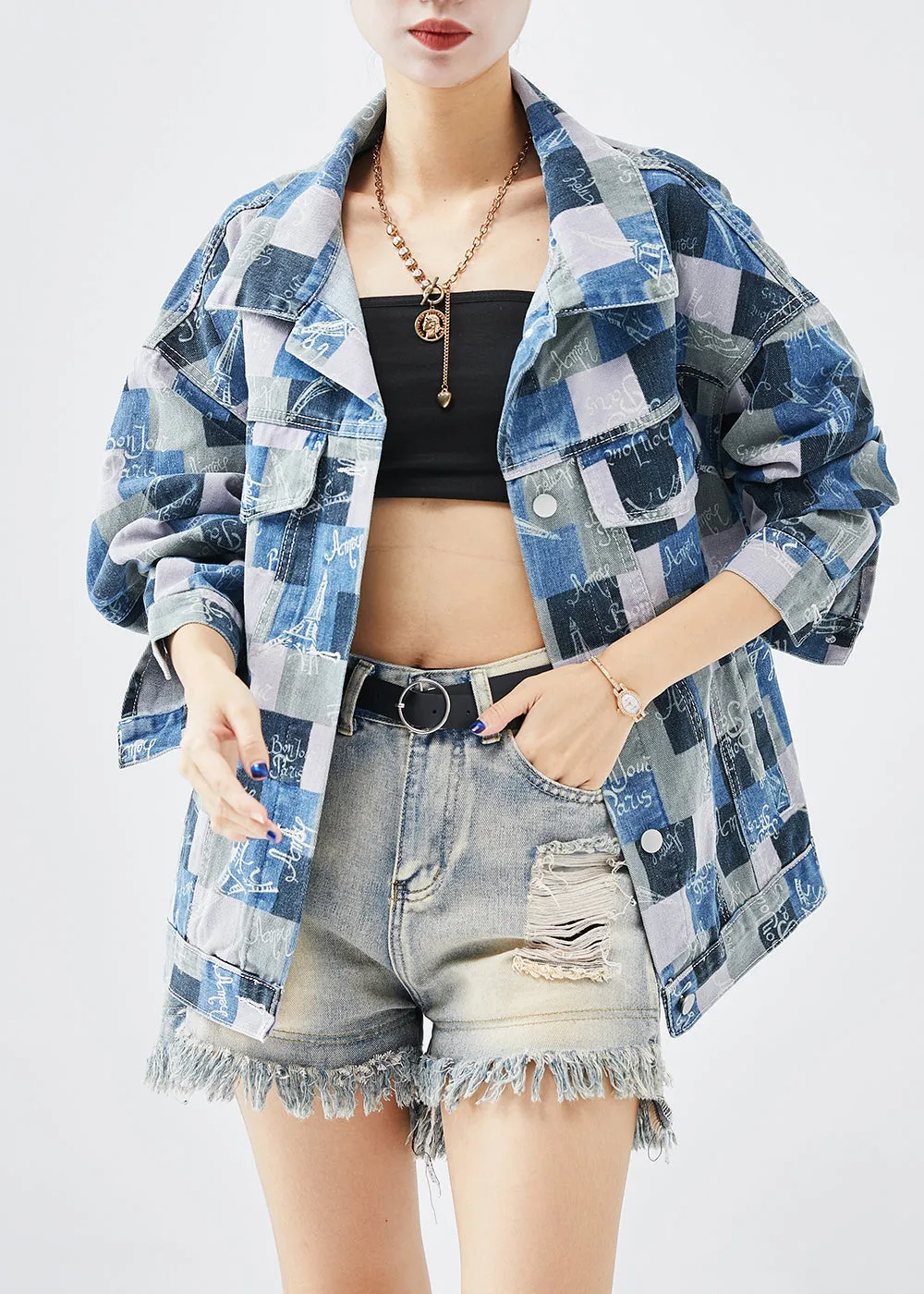 Casual Colorblock Oversized Plaid Denim Coats Fall ML2003