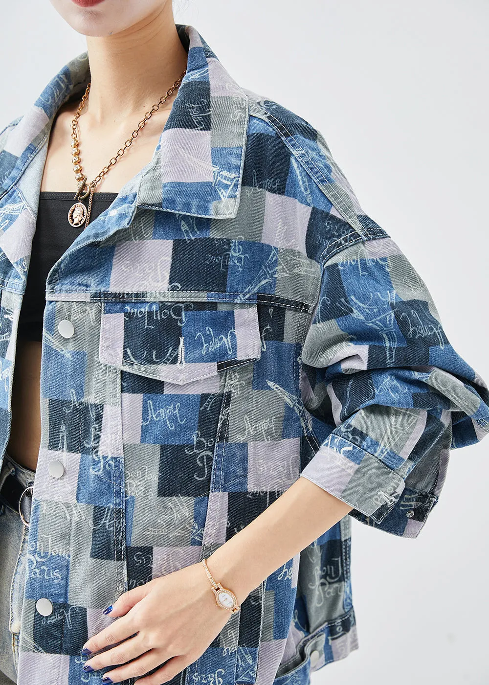 Casual Colorblock Oversized Plaid Denim Coats Fall ML2003