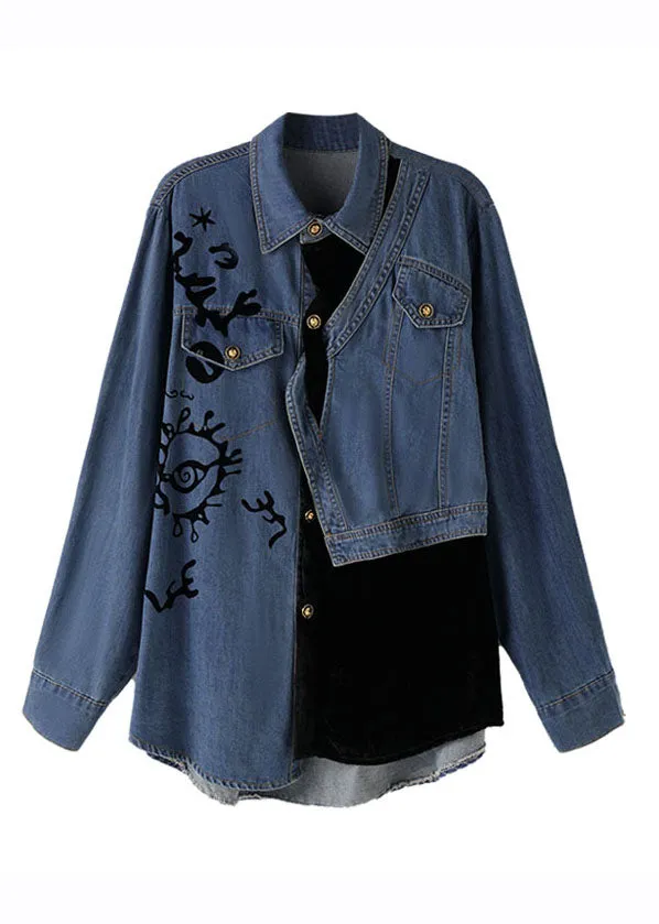 Casual Denim Blue Peter Pan Collar Asymmetrical Print Button Cotton Coats Long Sleeve ML2068