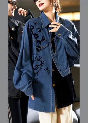 Casual Denim Blue Peter Pan Collar Asymmetrical Print Button Cotton Coats Long Sleeve ML2068