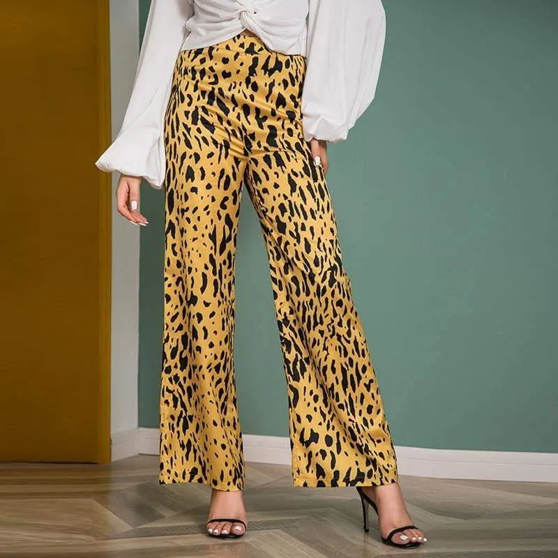 Casual Long Wide Leg Leopard Print Pants