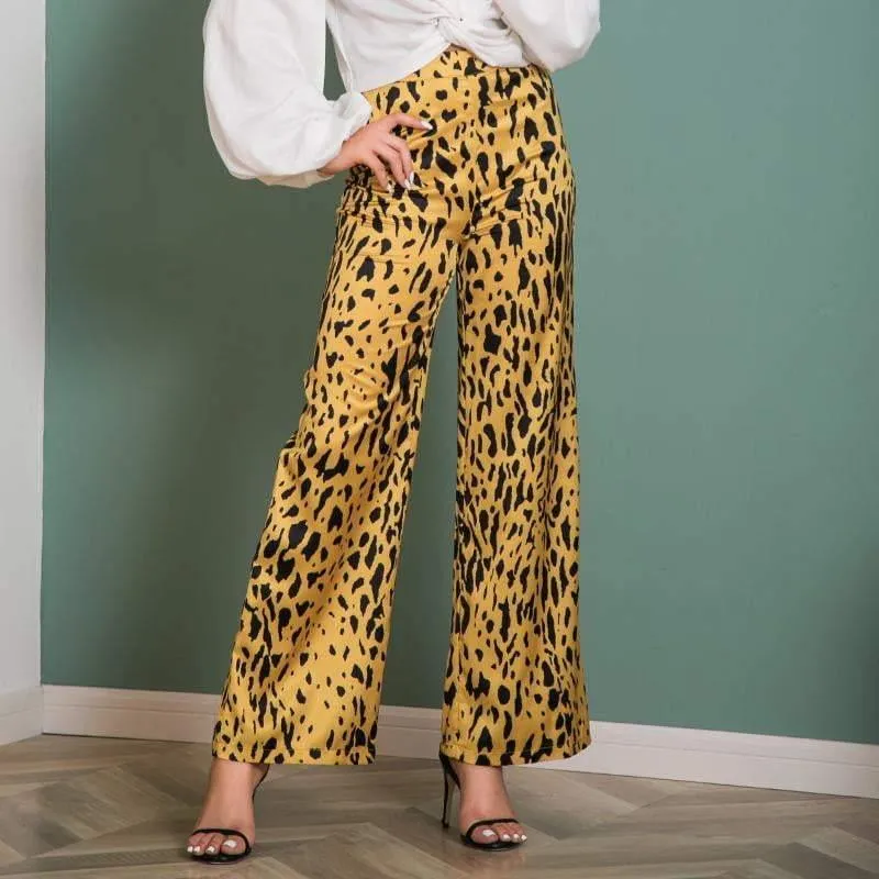 Casual Long Wide Leg Leopard Print Pants