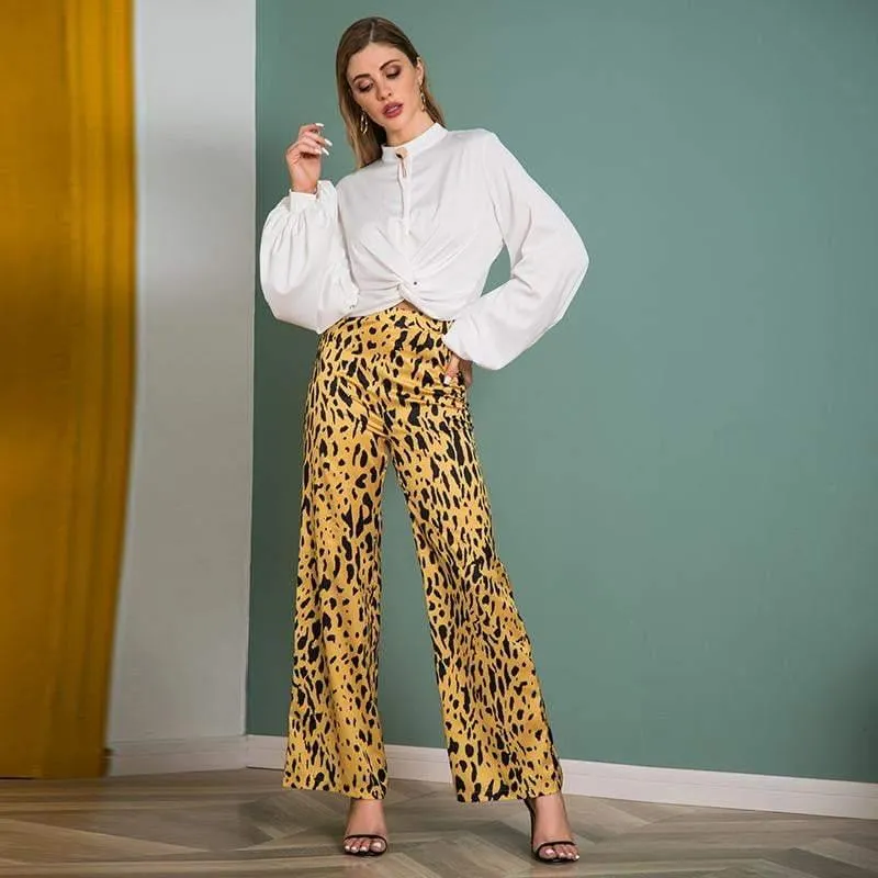 Casual Long Wide Leg Leopard Print Pants