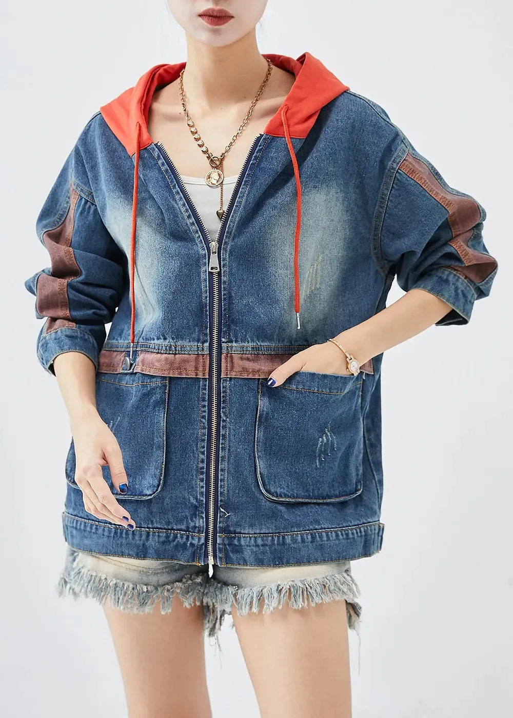 Casual Red Hooded Patchwork Denim Coats Fall ML1203