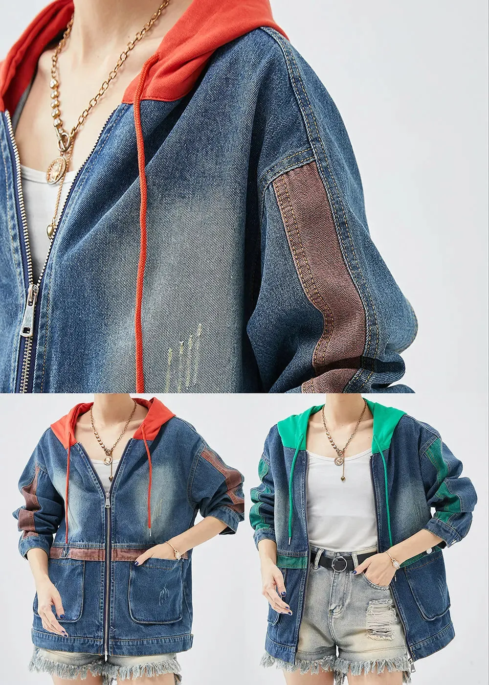 Casual Red Hooded Patchwork Denim Coats Fall ML1203