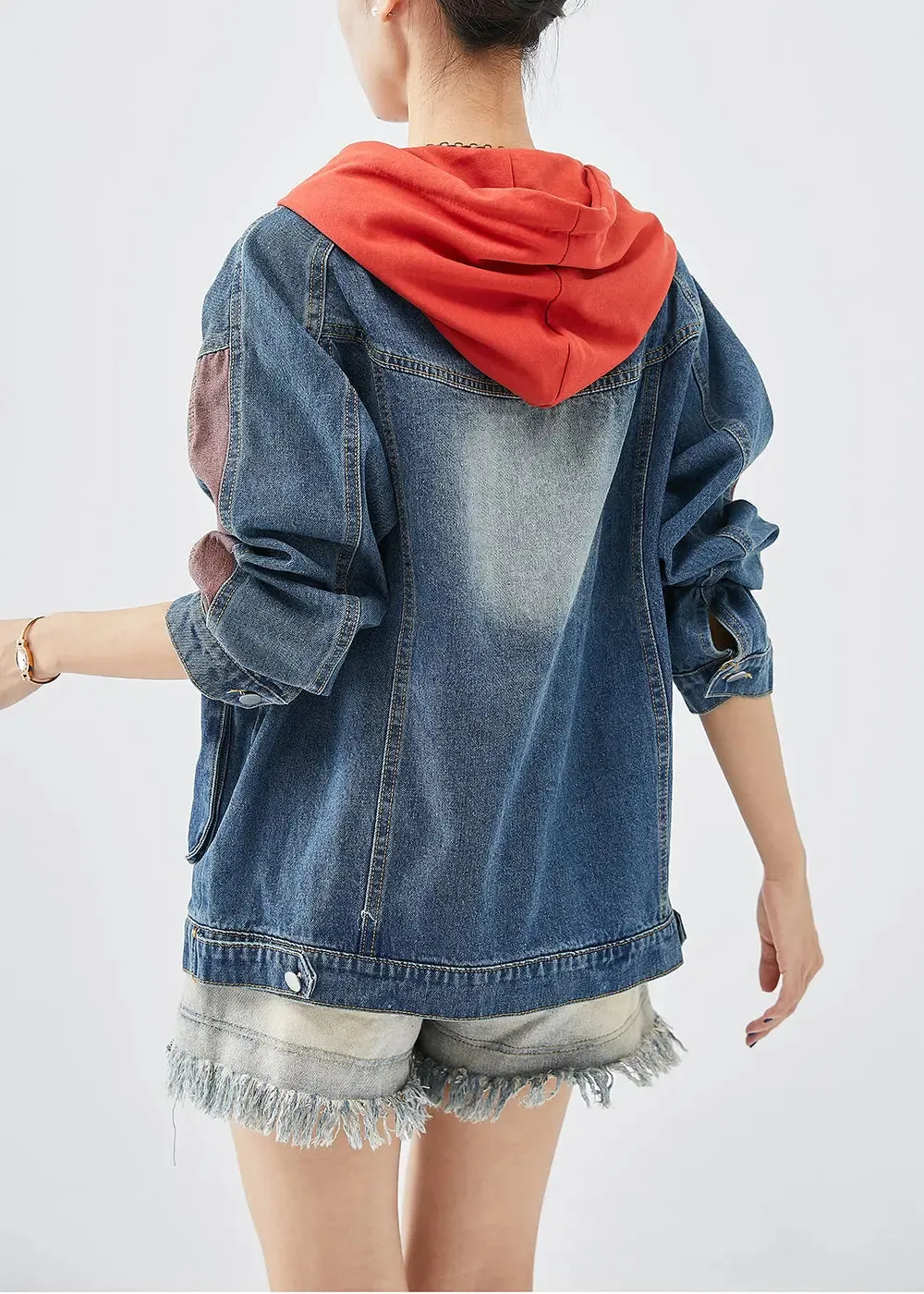 Casual Red Hooded Patchwork Denim Coats Fall ML1203