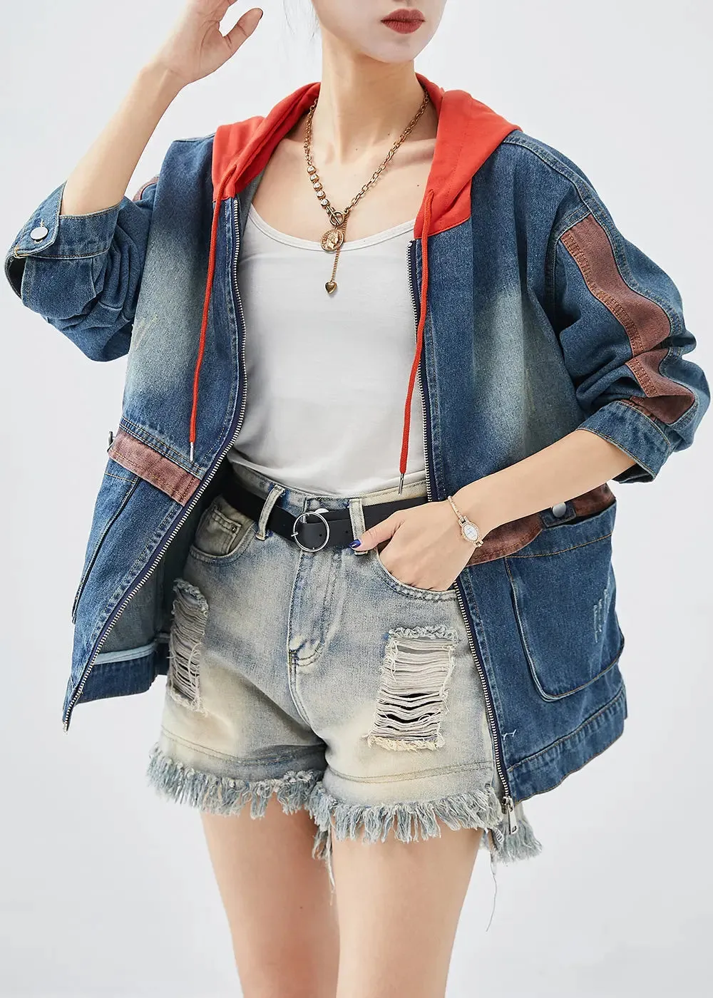 Casual Red Hooded Patchwork Denim Coats Fall ML1203