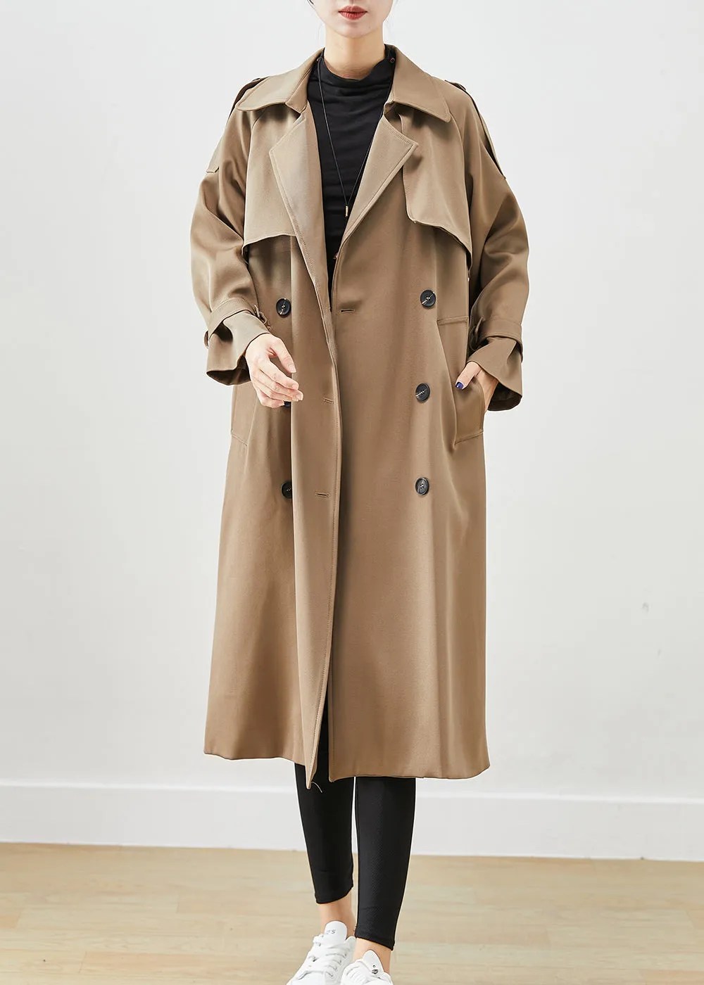 Classy Coffee Double Breast Pockets Cotton Trench Fall ML2532