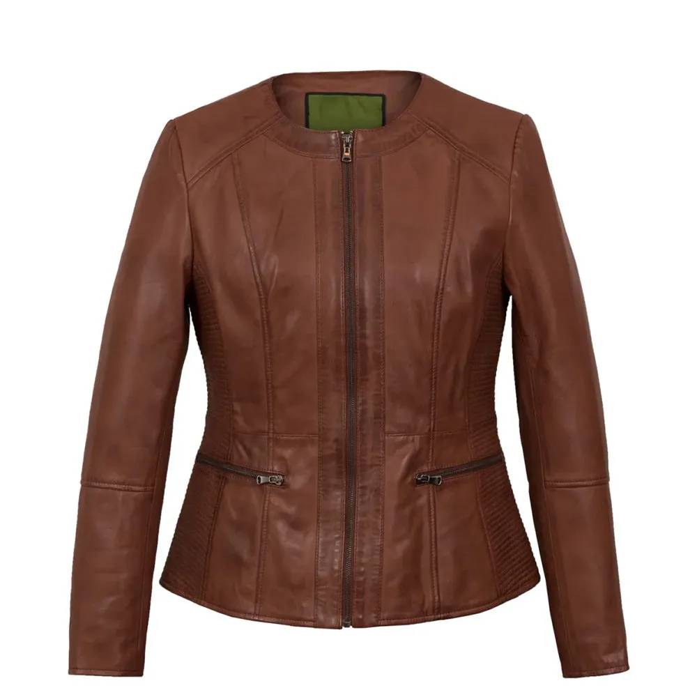 Collarless Brown Leather Jackets