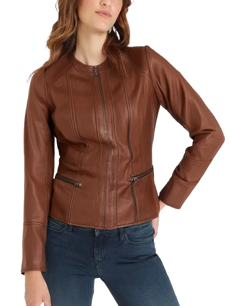 Collarless Brown Leather Jackets