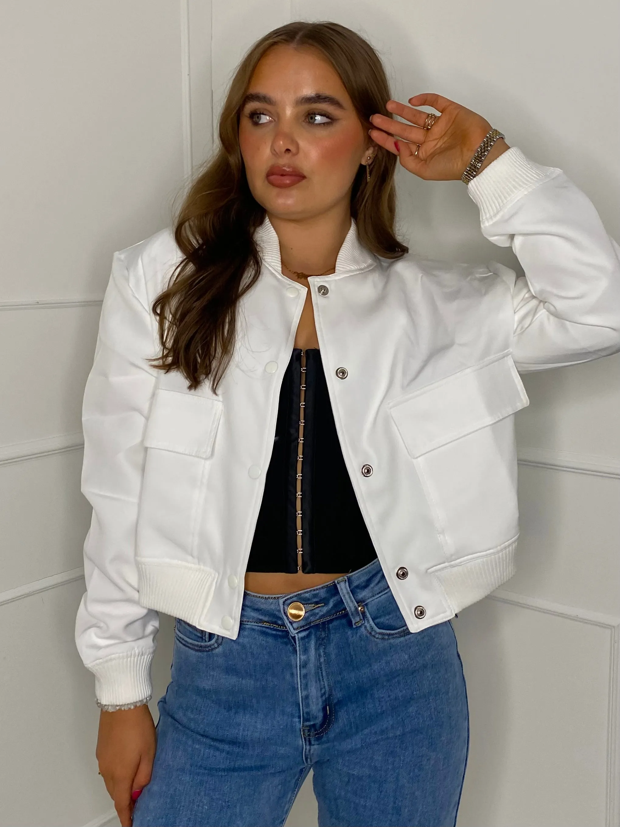 Cropped Pocket Detail Bomber Jacket - White