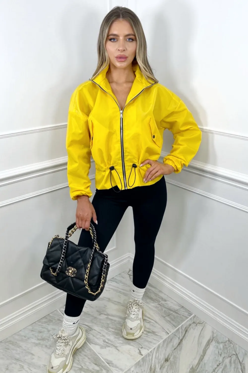 Elektra yellow hooded zip up wind breaker jacket