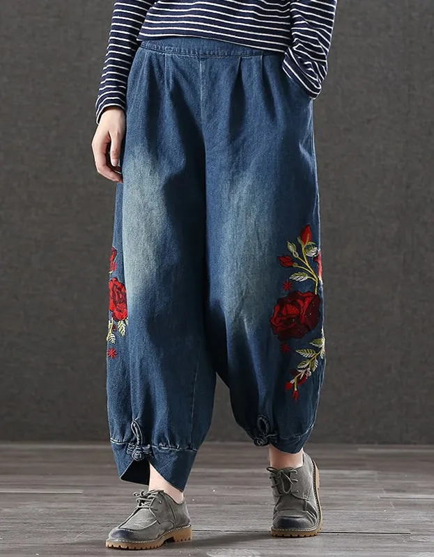 Embroidered Buckle Loose Retro Denim Pants