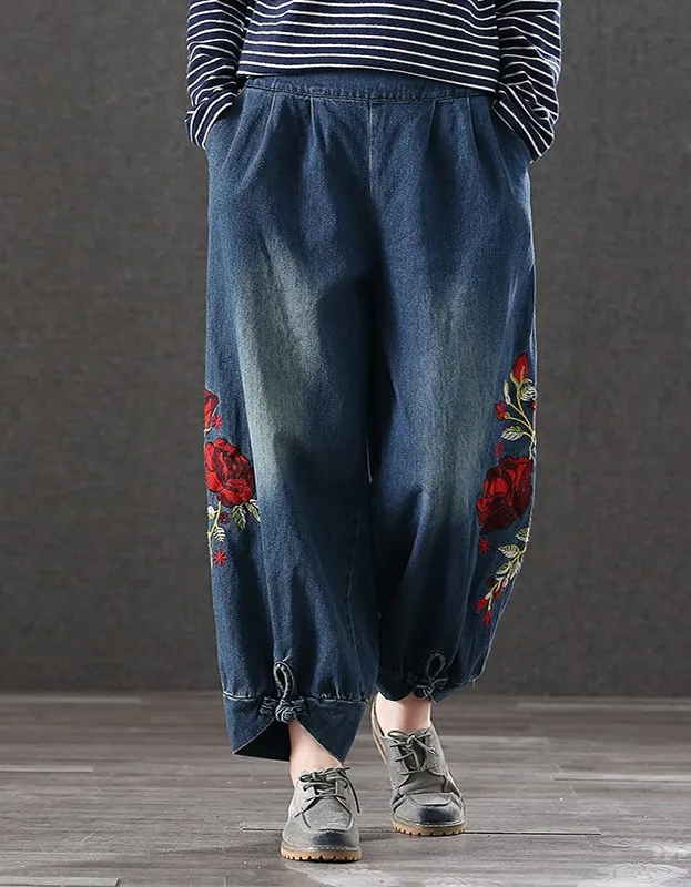 Embroidered Buckle Loose Retro Denim Pants