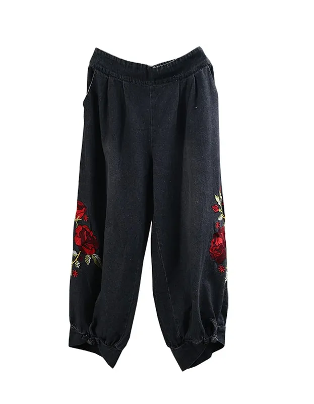 Embroidered Buckle Loose Retro Denim Pants