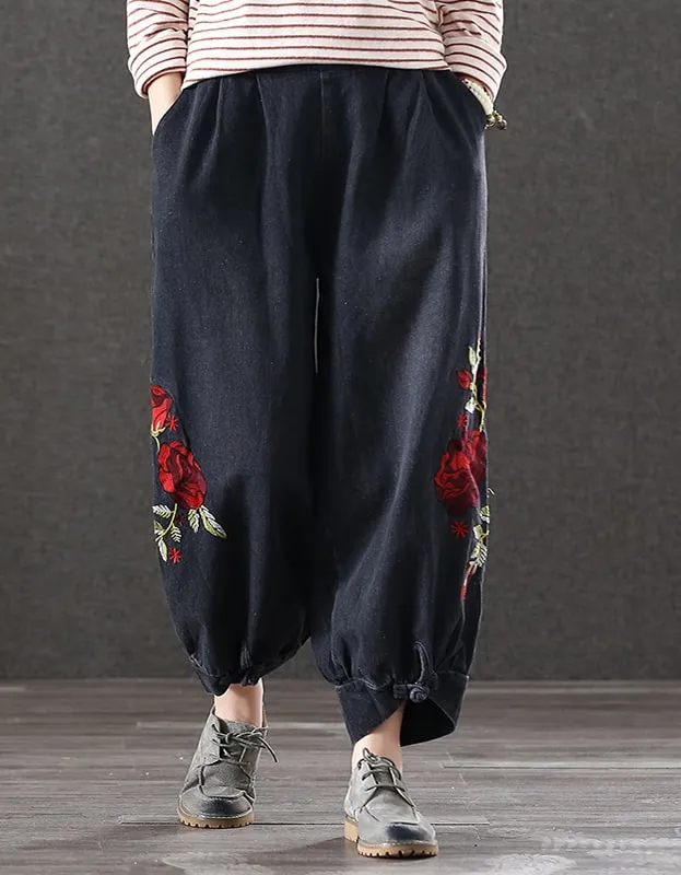 Embroidered Buckle Loose Retro Denim Pants