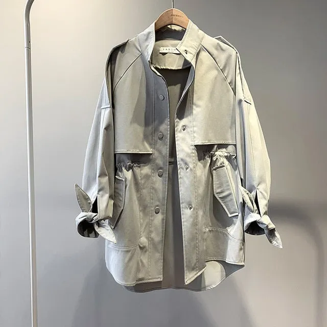 Fashion Trench Coat Female Spring Windbreaker Drawstring Summer Casual Loose Safari Clothes Stand Collar 2020 Women Short Trench