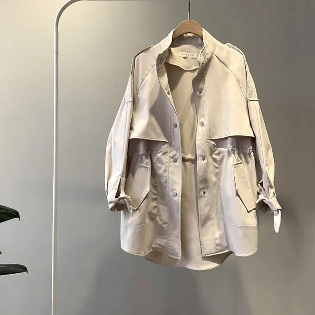 Fashion Trench Coat Female Spring Windbreaker Drawstring Summer Casual Loose Safari Clothes Stand Collar 2020 Women Short Trench