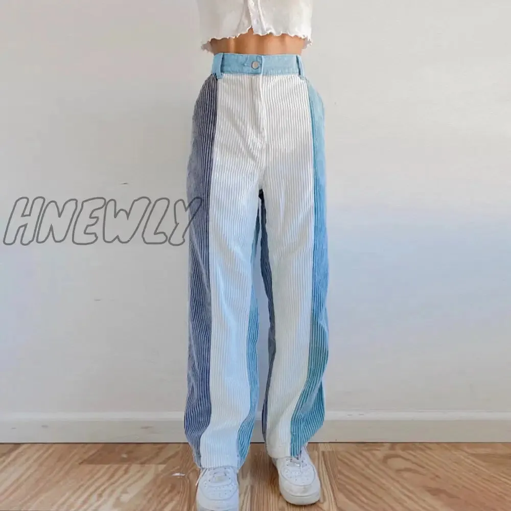 Hnewly Corduroy Pants Woman Baggy High Waist Contrast Patchwork Trousers Y2K Streetwear Casual Straight Sweatpants Capris Winter fits Streetwear