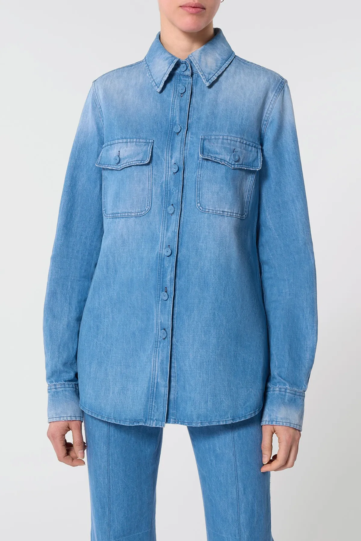 John Austin Shirt in Light Blue Recycled Cotton Linen Denim