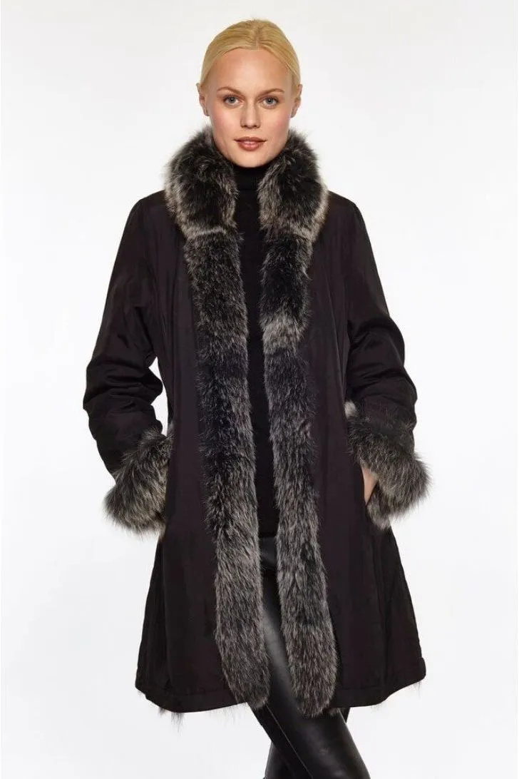 Linda Richards Reversible Genuine Fox 3/4 Chevron Coat 9499 | Black/Silver